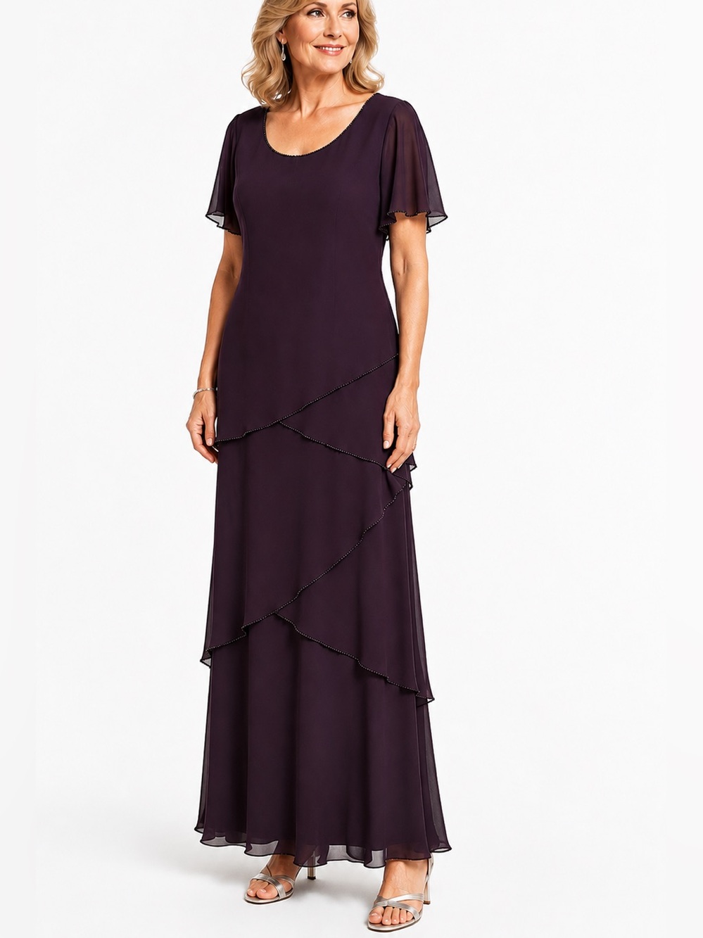 Alex Evenings Purple Beaded Chiffon Tiered Evening Gown Dress 14W Formal